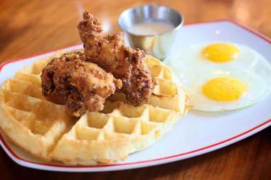 Chicken, waffles, and eggs