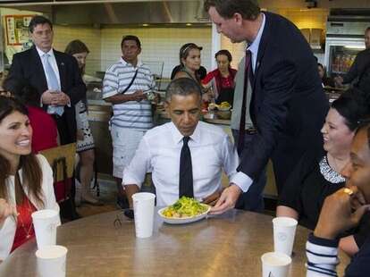 Obama eating a Chipotle burrito bowl