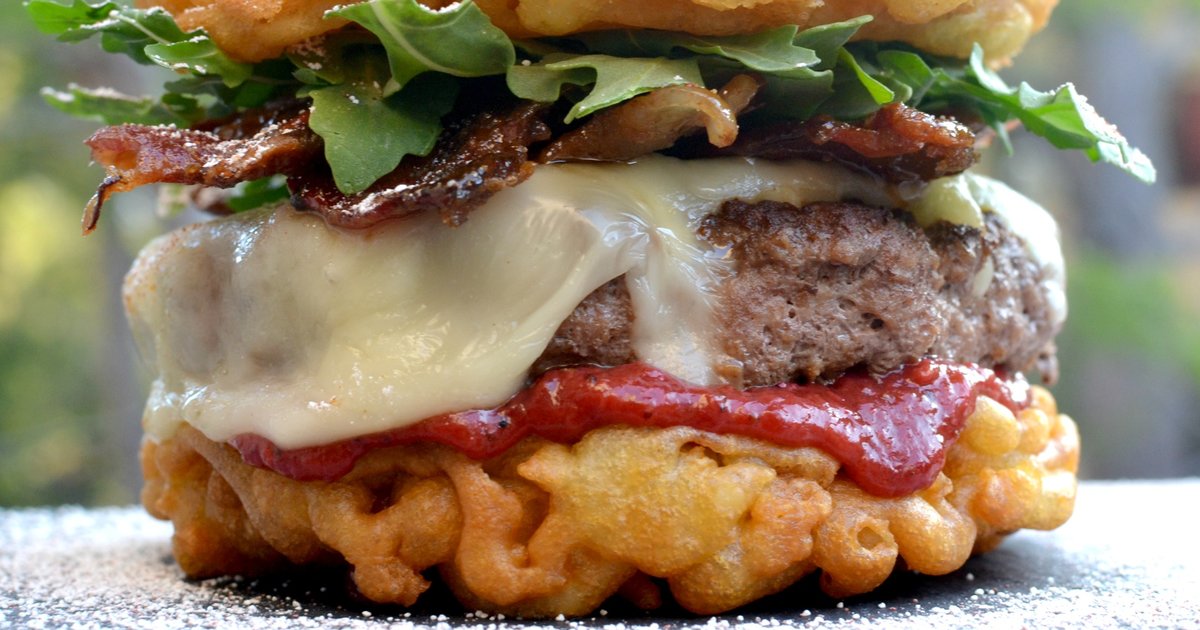 Funnel Cake Burger Culinary Brodown's CarnivalReady Burger Thrillist