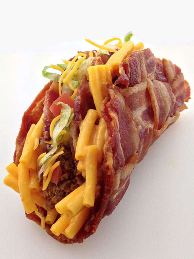 Double decker mac 'n cheese-stuffed bacon weave taco
