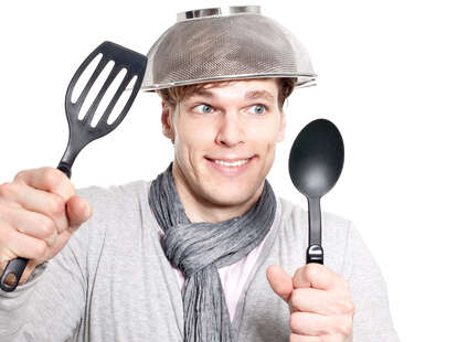 Guy with colander on head