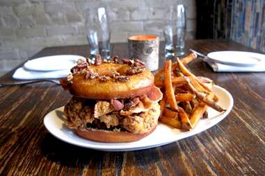 Fried chicken doughnut sandwich