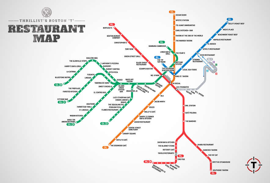 Boston T Stops Map Map Of Restaurants Near Boston T Stops - Mbta Restaurant Guide - Thrillist