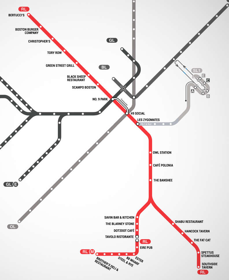 Red Line T Map Map Of Restaurants Near Boston T Stops - Mbta Restaurant Guide - Thrillist