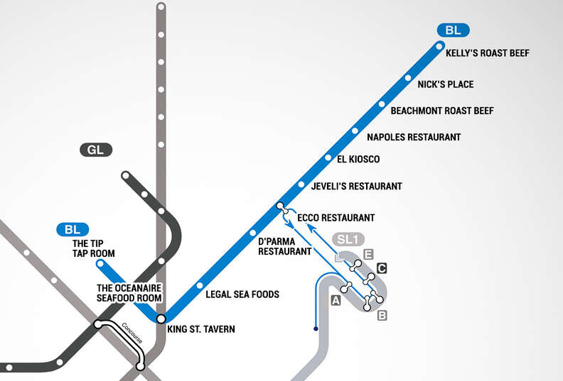 Blue Line Boston Map Map Of Restaurants Near Boston T Stops - Mbta Restaurant Guide - Thrillist