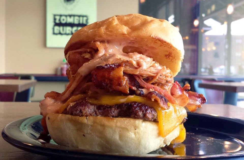 Zombie Burger World War B Bacon Burger and Boo Berry Spiked Milkshake