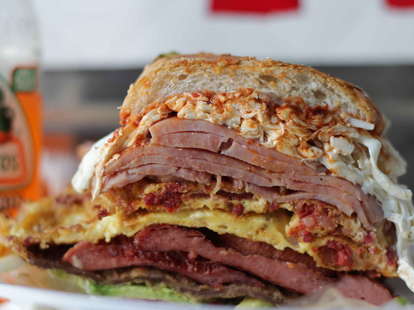 close up of a sandwich meat from tortas neza at juan bar new york city nyc