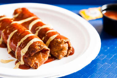 Mall Food Court Mashup: Panda Express egg rolls + Taco Bell enchilada sauce