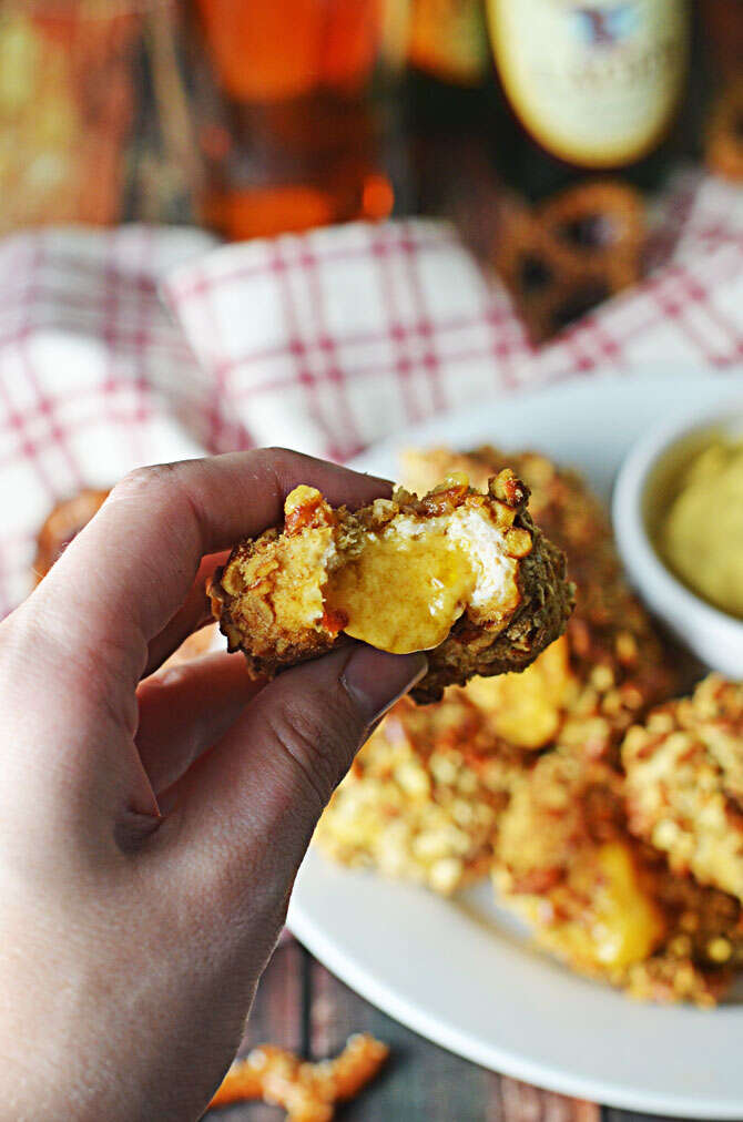 pretzel crusted beer cheese chicken nuggets