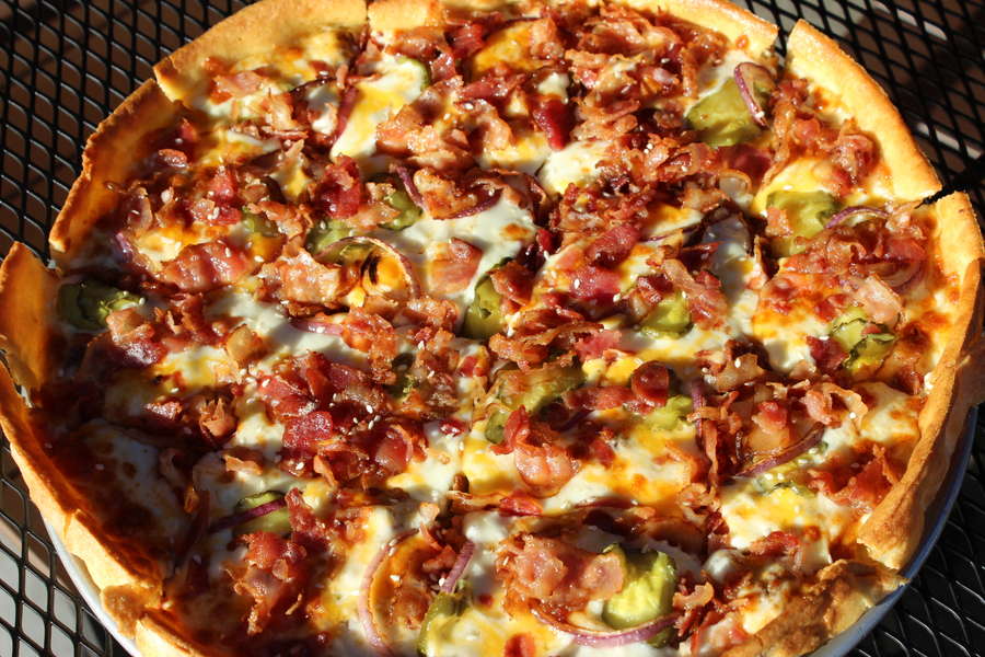 Bacon cheeseburger pizza at Grinders Pizzeria in San Francisco Thrillist