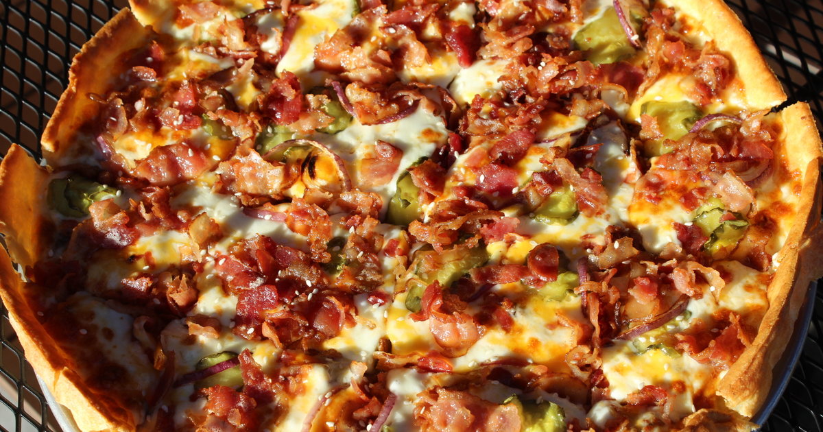 Bacon cheeseburger pizza at Grinders Pizzeria in San Francisco - Thrillist