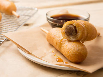 Sausage pancakes online on a stick