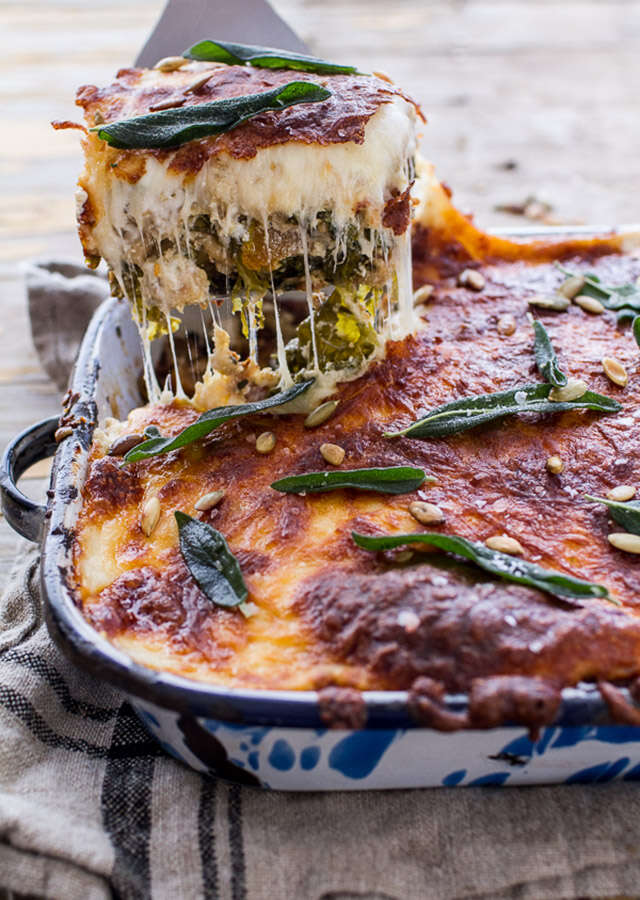 Caramelized butternut squash and kale florentine lasagna