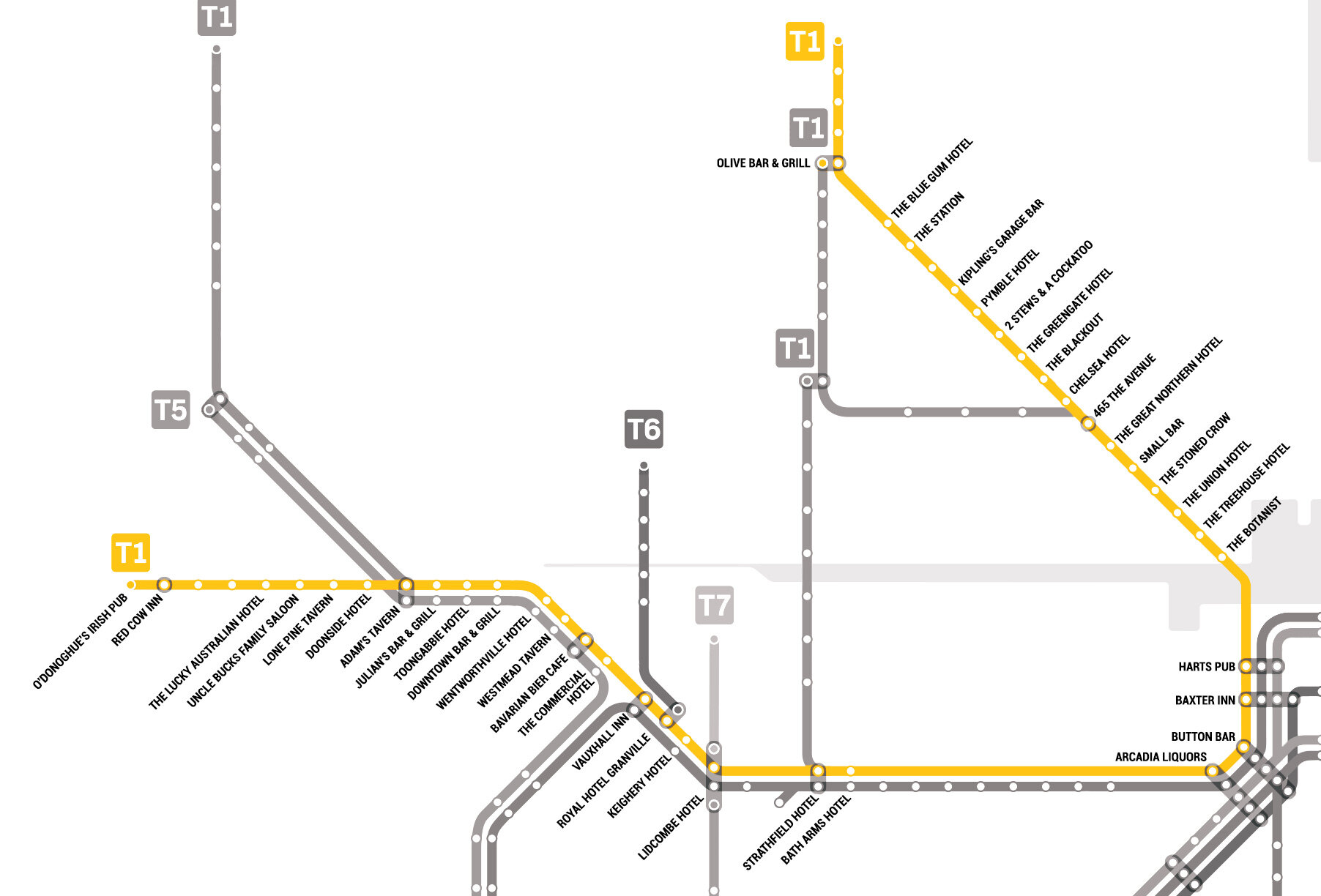 T1 Train Line Map Sydney's Trains Bar Map - Thrillist