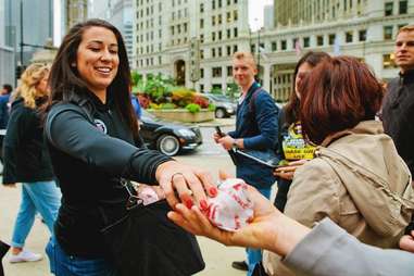 Girl handing out Jimmy John's