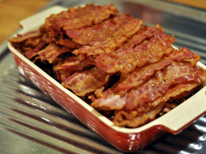 Baking dish full of bacon