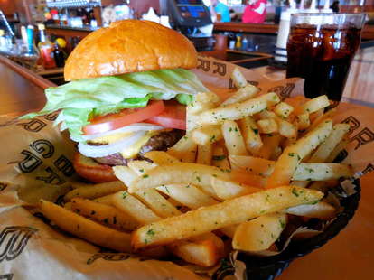 burger and seasoned fries