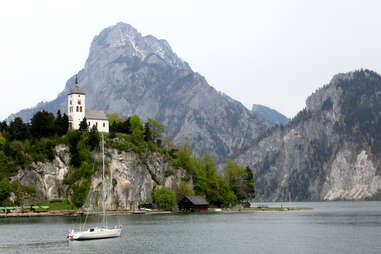 Salzkammergut, Austria, mountain range, cliff, boat, alpine lake