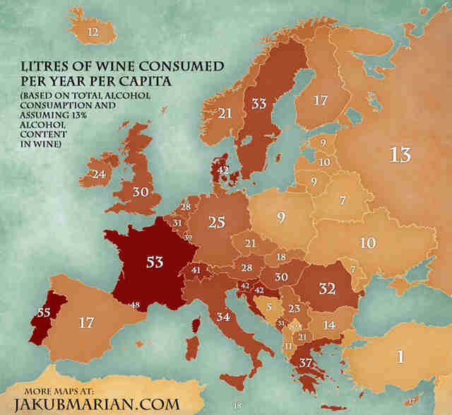 Which European Countries Drink the Most Wine - Map - Thrillist