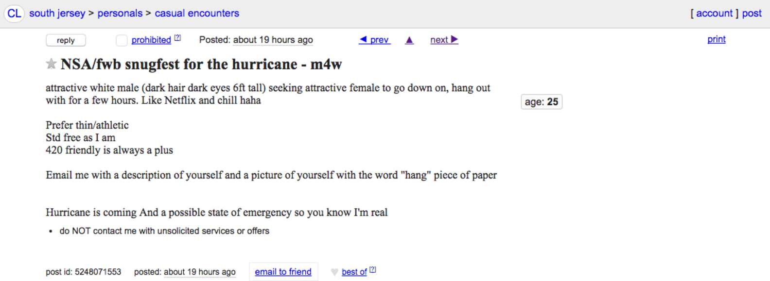 Hurricane Hookup Seekers Have Made Landfall On Craigslist Thrillist