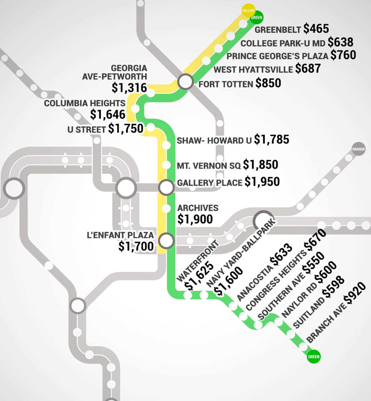 Washington Rent. Map Washington DC Metro Rent Map - Thrillist