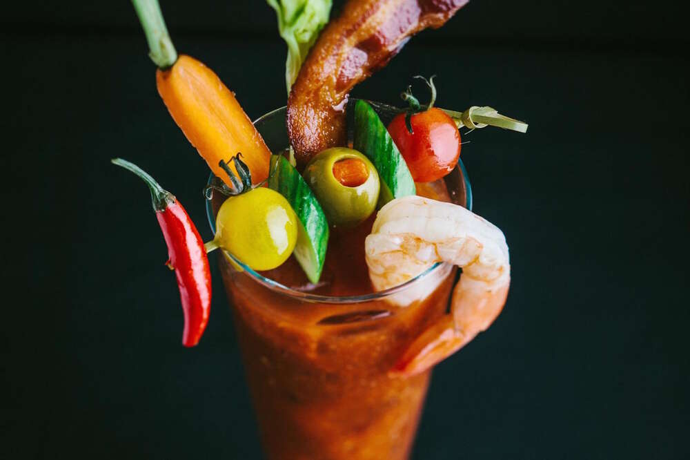 Bloody mary pitcher in Las Vegas is topped with a full meal