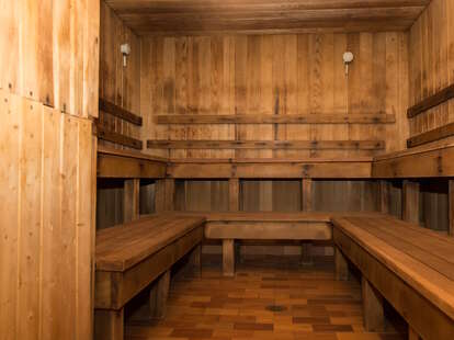 inside russian baths wooden spa steam room