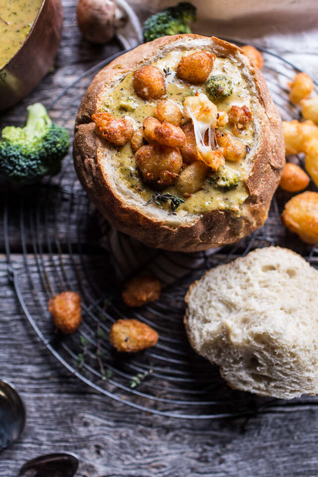 Broccoli cheese soup with fried cheese curds