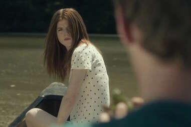 Honeymoon movie actress Rose Leslie sits in a boat