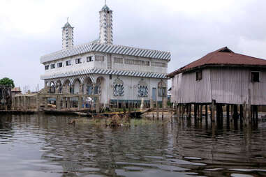 A village and Shia mosque on Lake Nokoue in Ganvie, Benin in Africa