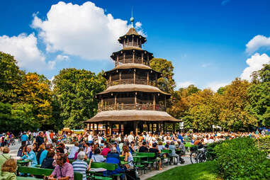 Biergarten by the Chinese Tower in the English Garden in Munich, Germany