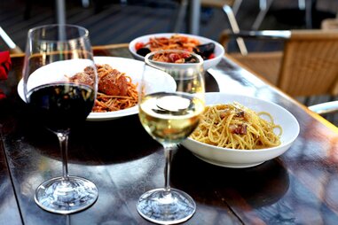 Pasta and wine at Pizza Man Italian restaurant and bar in Milwaukee Wisconsin