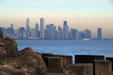 Promontory point, water, Chicago skyline