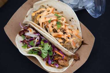 soft tacos with chicken, cabbage and carrots at The Peached Tortilla