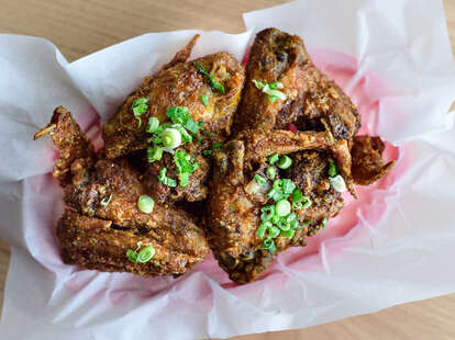 Korean fried chicken served in red basket