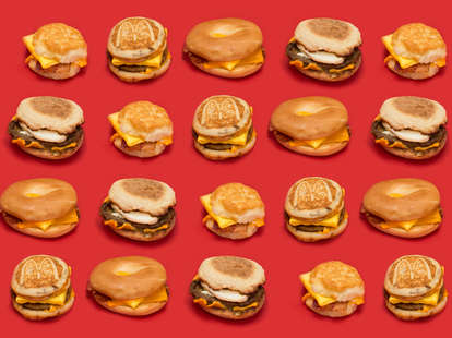 All 20 McDonald's breakfast sandwiches on red background