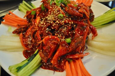 spicy asian dish with scallions and sesame seeds at seoul korean