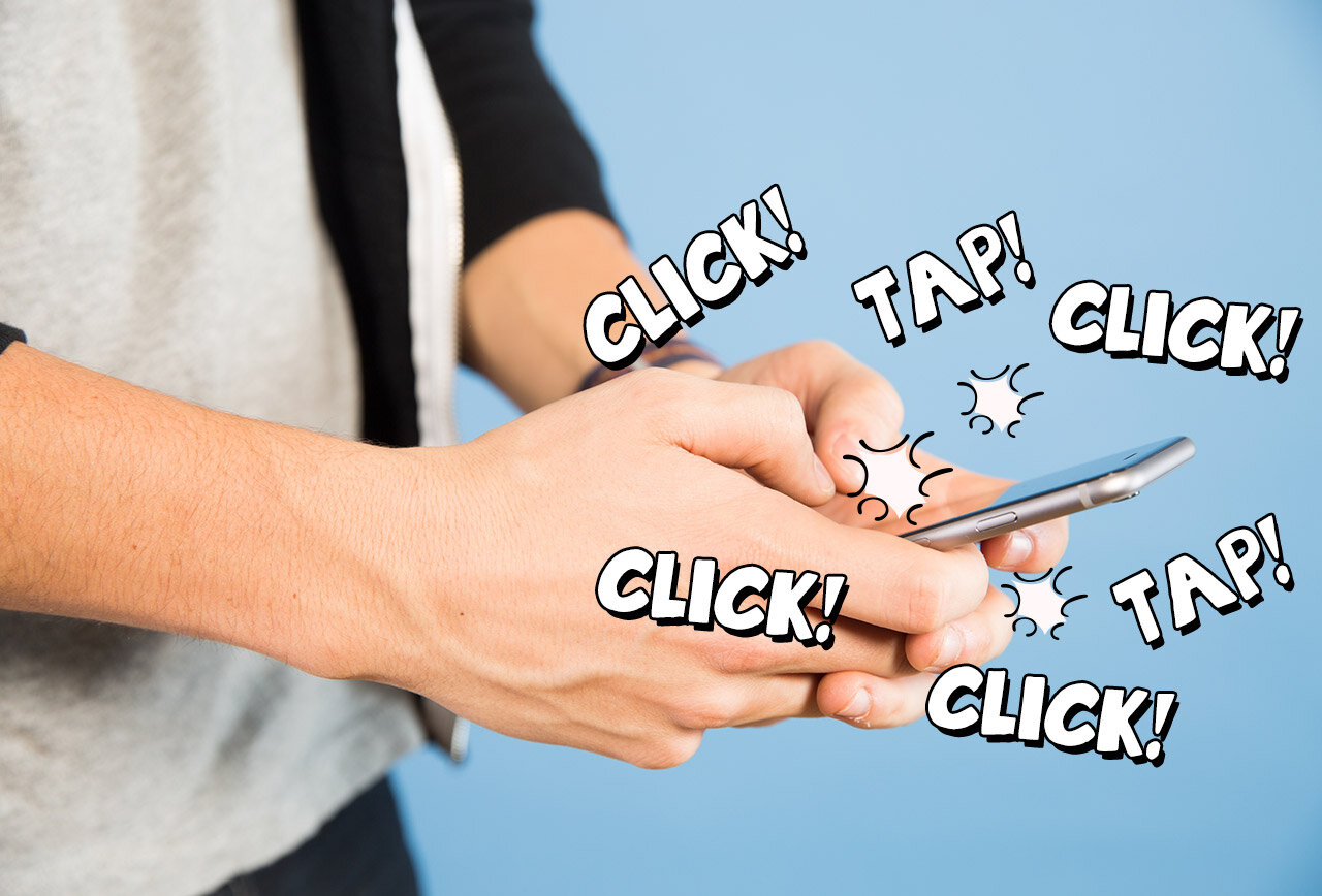 man texting on iPhone6 with keyboard clicks on