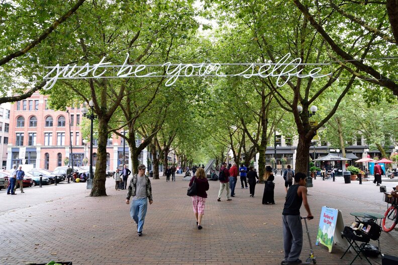 sign that says just be your selfie in occidental park