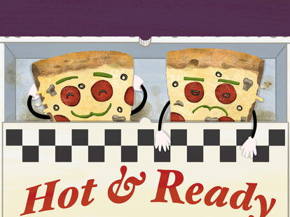 Two slices of pizza, post-coitus, lying in a pizza box