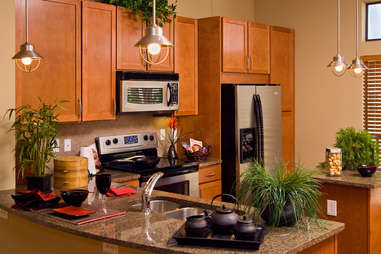 microwave, kitchen, stove, counter top