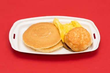 McDonald's breakfast with hot cakes and biscuit