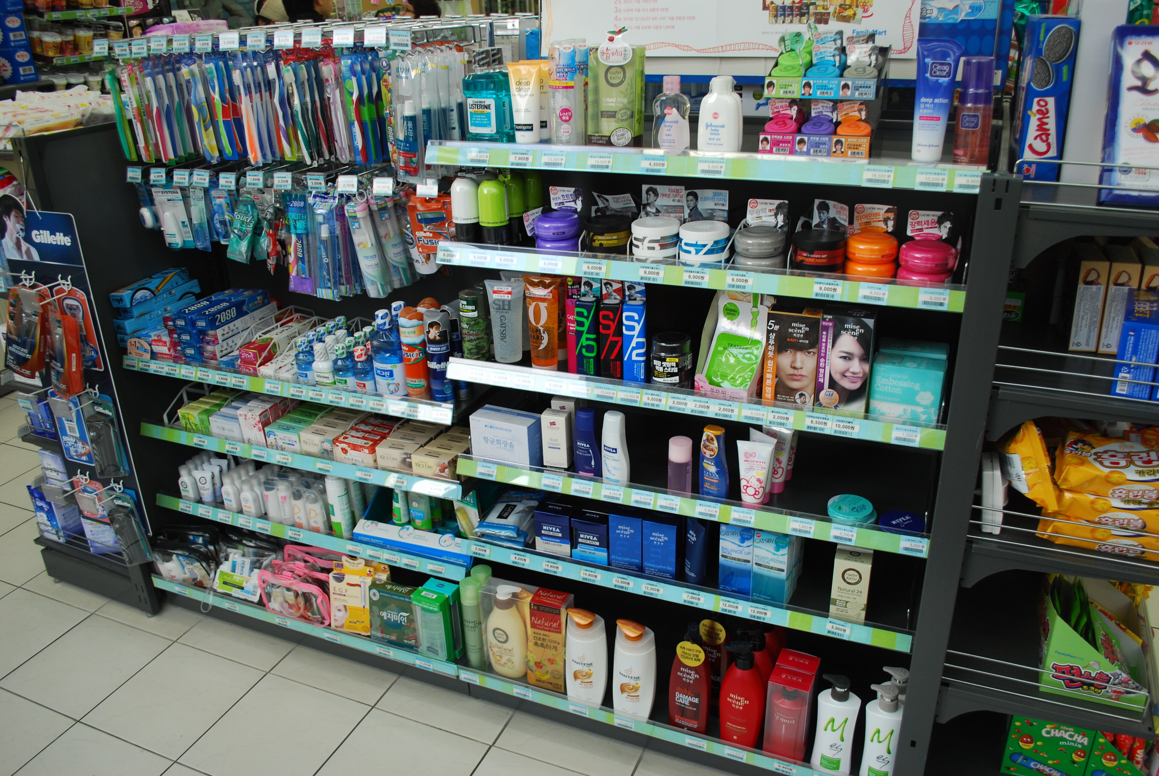 convenience store aisle with toiletry products