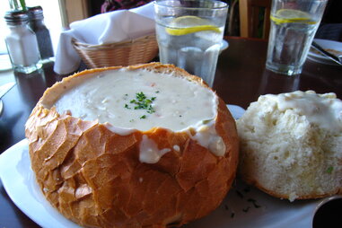 new england clam chowder in a bread bowl