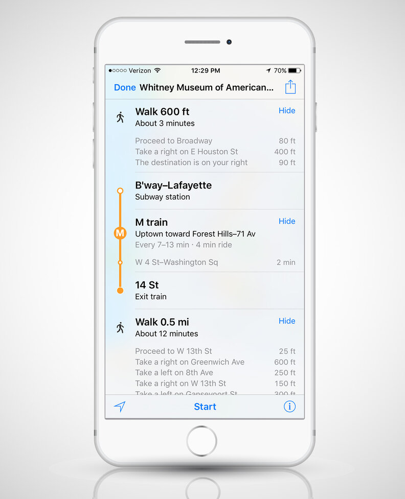 screenshot of Apple Maps transit directions on an iPhone 6