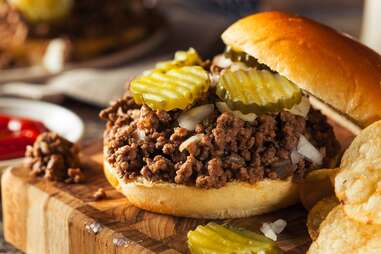 Homemade Loose Meat Tavern Sandwich with Onion and Pickle