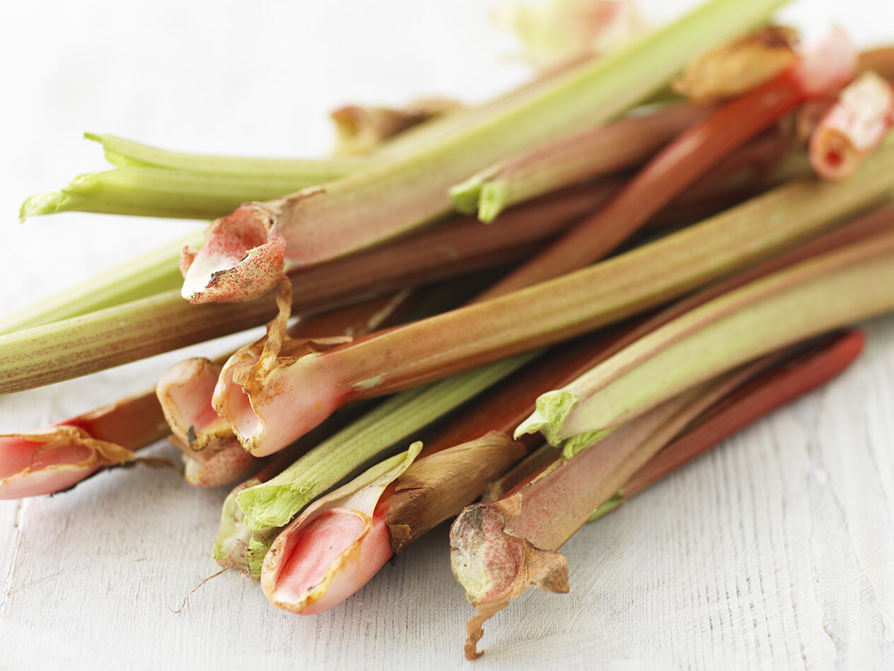 Stalks of rhubarb in a pile