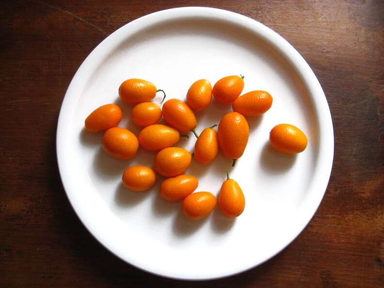 Handful of kumquats on white dish