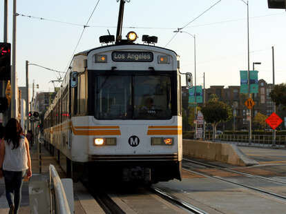 Metro los angeles train arriving to an expo line station