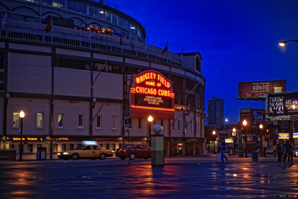 Chicago Cubs Wrigley Field stadium at night